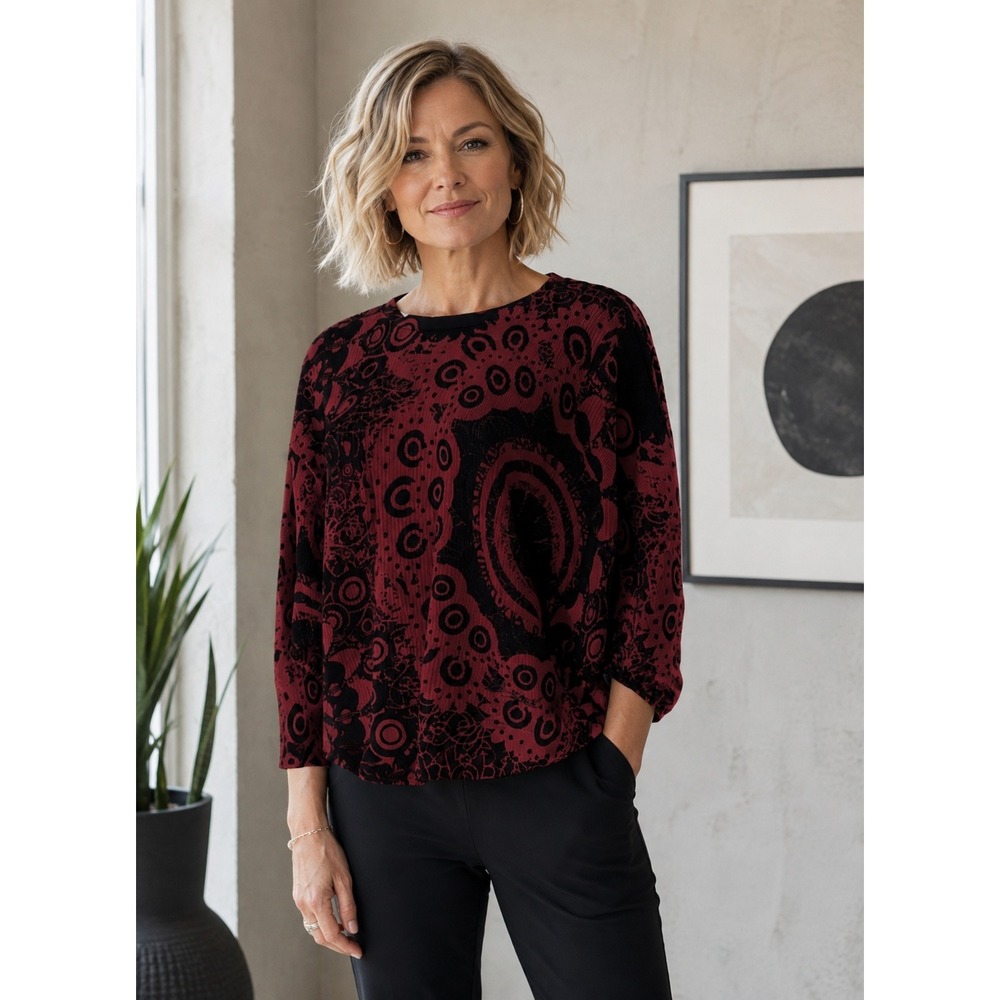 Desigual Red Black Printed Knit Top Size S Keyholeโ Neck 3/4 Sleeve